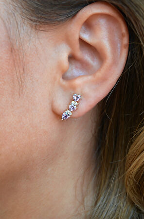 Zirkon Taşlı Sıralı Kalpli Küpe Lob Helix Kıkırdak Uyumlu