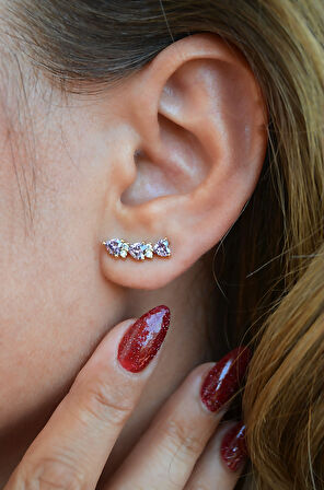 Zirkon Taşlı Sıralı Kalpli Küpe Lob Helix Kıkırdak Uyumlu