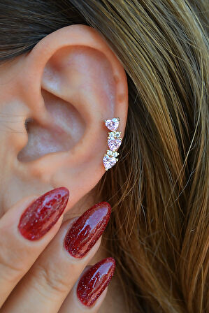 Zirkon Taşlı Sıralı Kalpli Küpe Lob Helix Kıkırdak Uyumlu