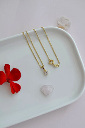 Zirkon Taşlı Tektaş Kolye – 4 mm Taşlı, 14K Altın Rodyum Kaplama