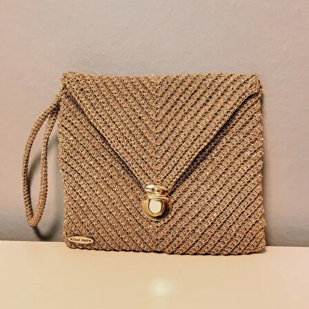 Uretti - Ayşegül 6289 - El Yapımı Desenli Supra Mum İp Clutch Çanta 18cm - Kahverengi