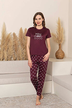 Kadın Desenli Bisiklet Yaka Düğmesiz Milan Yazlık Kısa Kol Pijama Takımı