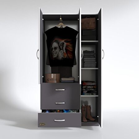 Kenzlife gardırop 3 kapılı 3 çekmeceli civanperçemi 180*120*52 gri XLARGE kapaklı gardolap dolap