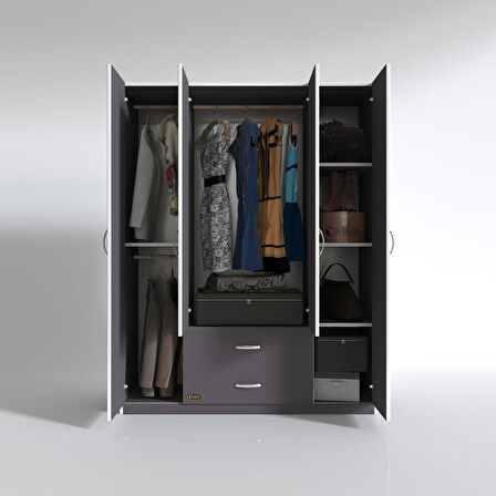Kenzlife gardırop 4 kapılı 2 çekmeceli deligül 180*160*52 gri XLARGE kapaklı gardolap dolap