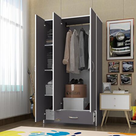 Kenzlife gardırop 3 kapılı 1 çekmeceli hanımeli 180*120*52 gri XLARGE kapaklı gardolap dolap