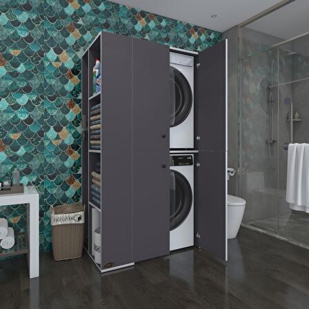 Kenzlife çamaşır-kurutma makinesi dolabı kapaklı foka sol gri 180*090*60 banyo arkalıksız