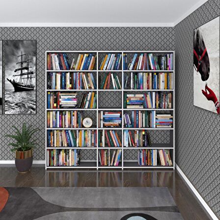 Kenzlife kitaplık süper ga 180*200*19 gri 6 katlı 3 bölme çift bölme opsiyonlu ofis mutfak banyo dolabı arkalıksız