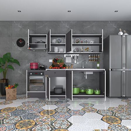 Kenzlife hazır mutfak seti nayakan gri 240 cm genişlik üst tezgahsız ankastre fırın modüllü