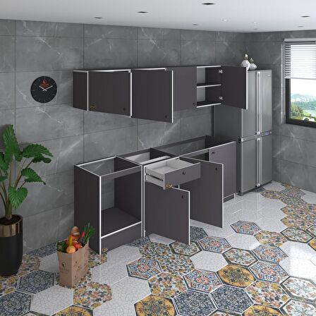 Kenzlife hazır mutfak seti nayakan gri 240 cm genişlik üst tezgahsız ankastre fırın modüllü