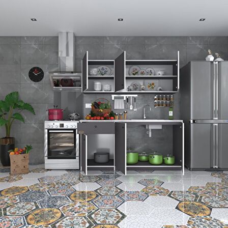 Kenzlife hazır mutfak seti heyula gri 180 cm genişlik üst tezgahsız