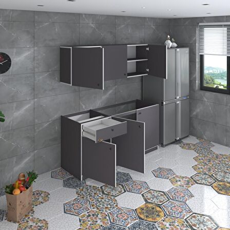 Kenzlife hazır mutfak seti heyula gri 180 cm genişlik üst tezgahsız