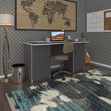 Kenzlife ofis masası pat morita gri 75*160*60 kilitli kapaklı dolap çiftli şeritli bilgisayar çalışma masası