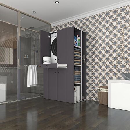 Kenzlife çamaşır-kurutma makinesi dolabı biruni gri 187*110*60 çekmeceli raflı banyo