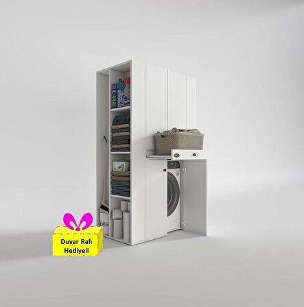 Kenzlife çamaşır-kurutma makinesi dolabı biruni byz 187*110*60 çekmeceli raflı + tekli duvar rafı hediye