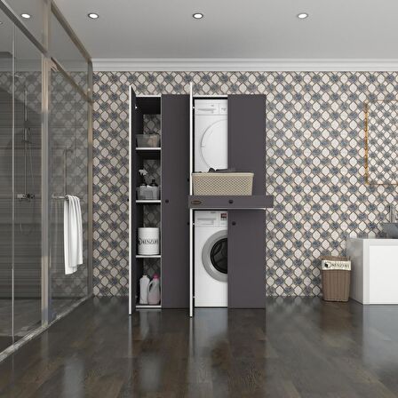 Kenzlife çamaşır-kurutma makinesi dolabı şahrur sol gri 187*120*60 çekmeceli banyo