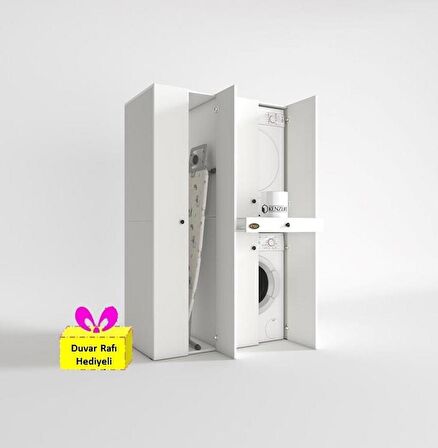Kenzlife çamaşır-kurutma makinesi dolabı şahrur sol byz 187*120*60 çekmeceli + tekli duvar rafı hediye