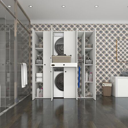 Kenzlife çamaşır-kurutma makinesi dolabı nazzam byz 187*170*60 çekmeceli raflı banyo