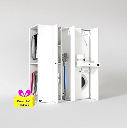 Kenzlife çamaşır-kurutma makinesi dolabı ve giysi dolabı çekmeceli eşari sol byz 187*160*60  + tekli duvar rafı hediye