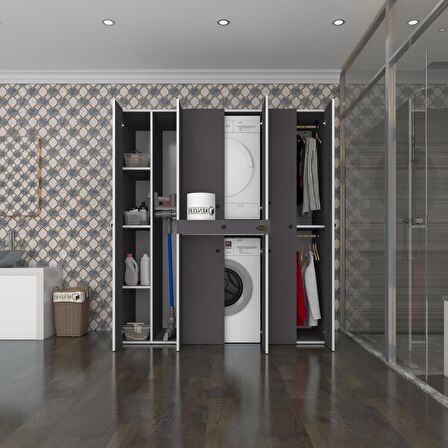 Kenzlife çamaşır-kurutma makinesi dolabı ve giysi dolabı çekmeceli ebuzer sol raf gri 187*160*60  banyo