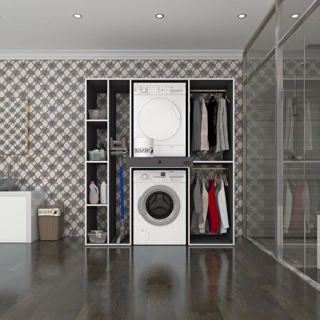 Kenzlife çamaşır-kurutma makinesi dolabı ve giysi dolabı çekmeceli hattab sol raf gri 187*160*60  banyo