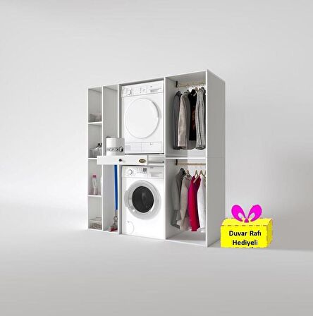 Kenzlife çamaşır-kurutma makinesi dolabı ve giysi dolabı çekmeceli hattab sol raf byz 187*160*60  + tekli duvar rafı hediye