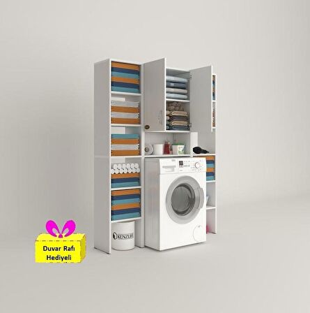 Kenzlife çamaşır makinesi dolabı sinemmaksduble byz 180*126*30 banyo arkalıklı + tekli duvar rafı hediyeli