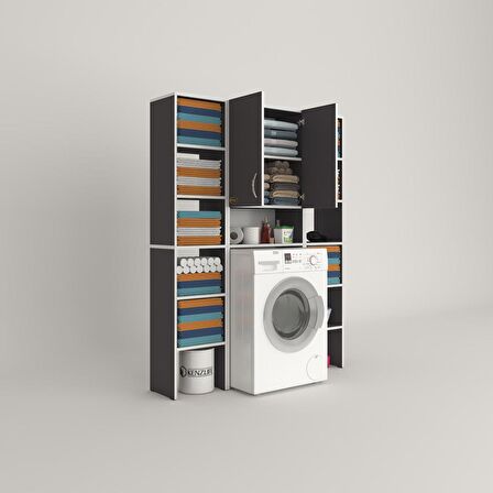 Kenzlife çamaşır makinesi dolabı sinemmaksduble gri 180*126*30 banyo kapaklı arkalıklı raflı