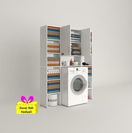 Kenzlife çamaşır makinesi dolabı veronikamaksduble byz 180*126*20 banyo arkalıksız raflı + tekli duvar rafı hediyeli