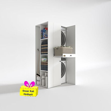 Kenzlife çamaşır-kurutma makinesi dolabı ahi evran sol byz 187*090*60 çekmeceli + tekli duvar rafı hediye