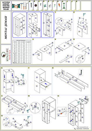 Kenzlife çamaşır-kurutma makinesi dolabı ahi evran sol byz 187*090*60 çekmeceli + tekli duvar rafı hediye