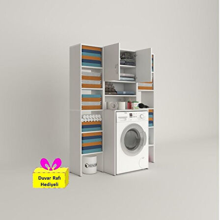 Kenzlife çamaşır makinesi dolabı hayzummaksduble byz 180*126*55 banyo kiler çift kapaklı arkalıklı + tekli duvar rafı hediyeli
