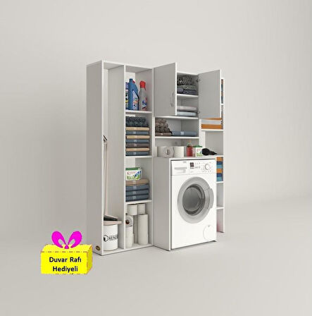 Kenzlife çamaşır makinesi dolabı hayzummega byz 180*156*55 banyo kiler çift kapaklı arkalıklı + tekli duvar rafı hediyeli