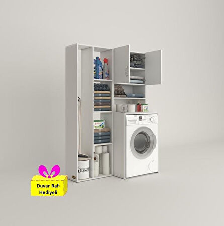 Kenzlife çamaşır makinesi dolabı hayzumsüpürge byz 180*126*55 banyo kiler çift kapaklı arkalıklı + tekli duvar rafı hediyeli