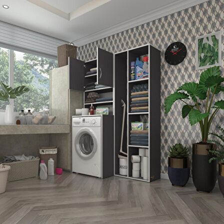 Kenzlife çamaşır makinesi dolabı hayzumsüpürge gri 180*126*55 banyo kiler çift kapaklı arkalıklı 