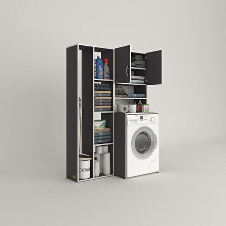 Kenzlife çamaşır makinesi dolabı hayzumsüpürge gri 180*126*55 banyo kiler çift kapaklı arkalıklı 