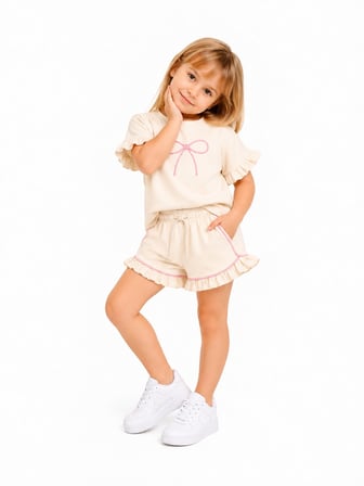 Kız Çocuk Kurdele Detaylı Şort Takımı Fırfırlı Kısa Kollu Rahat Kalıp 2’li Takım