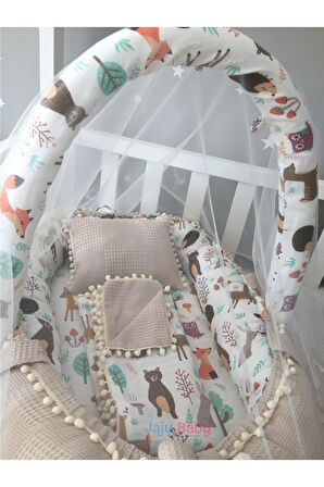 Waffle Pike Kumaş Ve Orman Müslin Kumaş Ponponlu Babynest Oyuncak Aparat Ve Tül Set