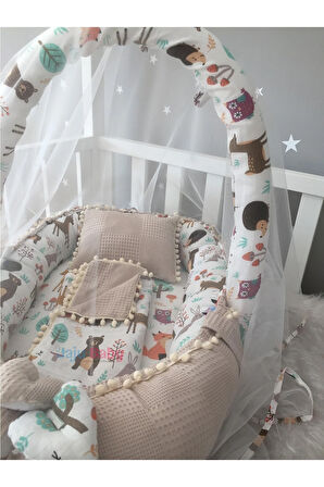 Waffle Pike Kumaş Ve Orman Müslin Kumaş Ponponlu Babynest Oyuncak Aparat Ve Tül Set