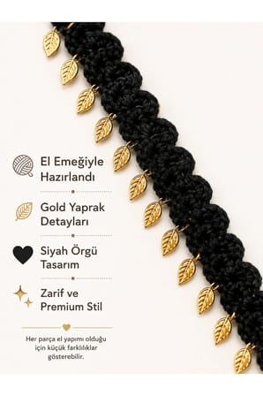 El Örgüsü Kedi Tasması Siyah Gold Yaprak Detaylı El Yapımı Kedi Boyun Aksesuarı