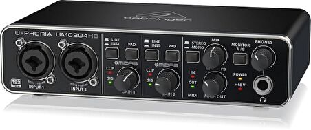 Behringer UMC204HD Audiophile 2x4, 24-Bit/192 kHz USB Audio/MIDI Arabirimi, Midas Mic Preamplifikatörleri ile