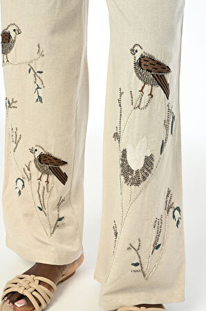 KADIN KUŞ NAKIŞ İŞLEMELİ BOL PAÇA PANTOLON