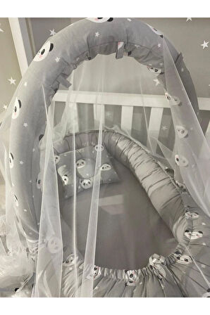 Babynest Gri Panda Cibinlik Tüllü Ve Oyuncak Askılı Organik Jaju-babynest Anne Yanı Bebek Yatağı