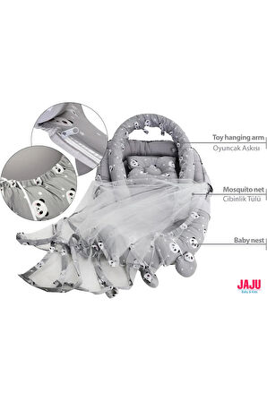 Babynest Gri Panda Cibinlik Tüllü Ve Oyuncak Askılı Organik Jaju-babynest Anne Yanı Bebek Yatağı
