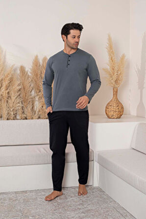 Erkek 3 Düğmeli %100 Pamuk Mevsimlik Uzun Kol Cepli Pijama Takımı