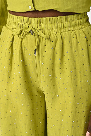 KADIN BELİ LASTİKLİ BOL PAÇA ÖNÜ TAŞ İŞLEMELİ %100 KETEN PANTOLON