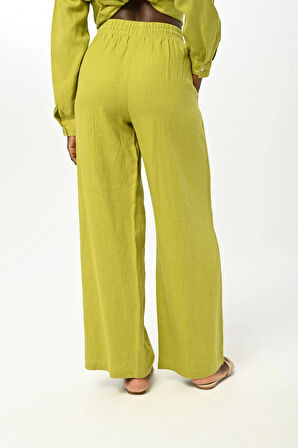 KADIN BELİ LASTİKLİ BOL PAÇA ÖNÜ TAŞ İŞLEMELİ %100 KETEN PANTOLON