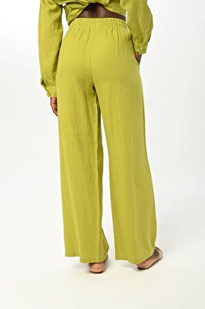 KADIN BELİ LASTİKLİ BOL PAÇA ÖNÜ TAŞ İŞLEMELİ %100 KETEN PANTOLON