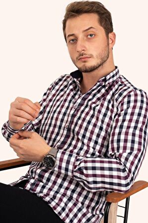 Bordo Lacivert Kareli Slimfit Erkek Gömlek