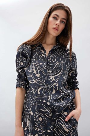 Oversize Geniş Kalıp Desenli Uzun Kollu Gömlek