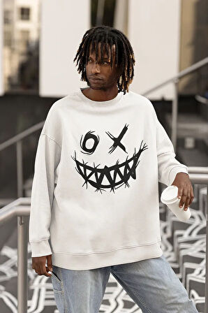 Çizgi Tasarım Gülen Yüz Baskılı Unisex Oversize Sweatshirt